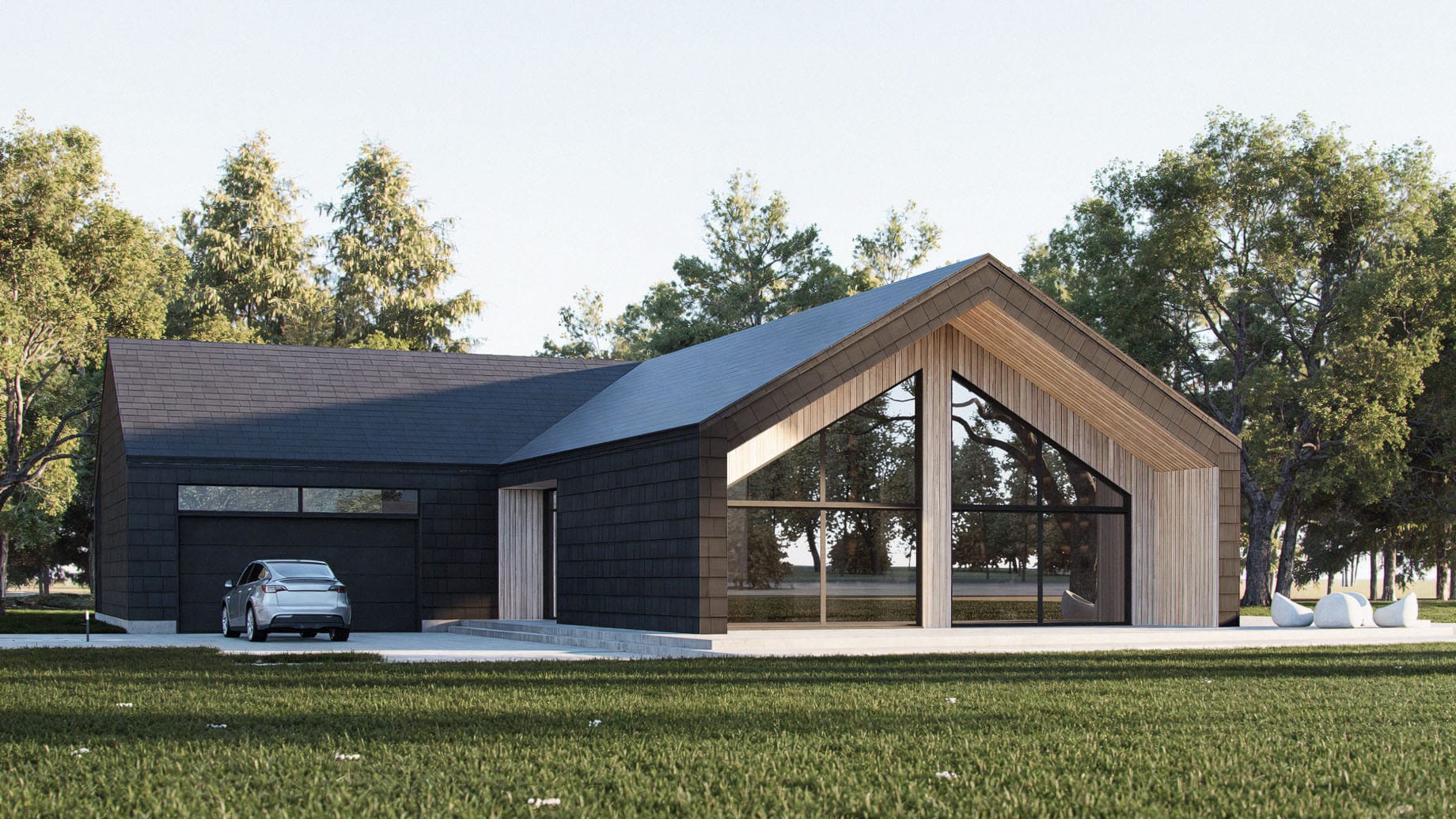 Aurora front view with large living room windows, outdoor terrace, main entrance, and double garage entrance