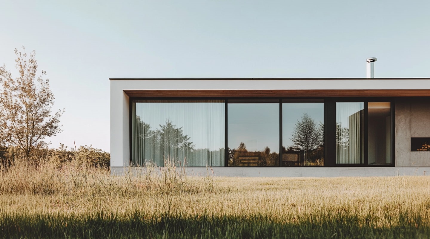 Scandinavian home exterior with large windows, flat roof, and sleek facade blending seamlessly into the surrounding nature