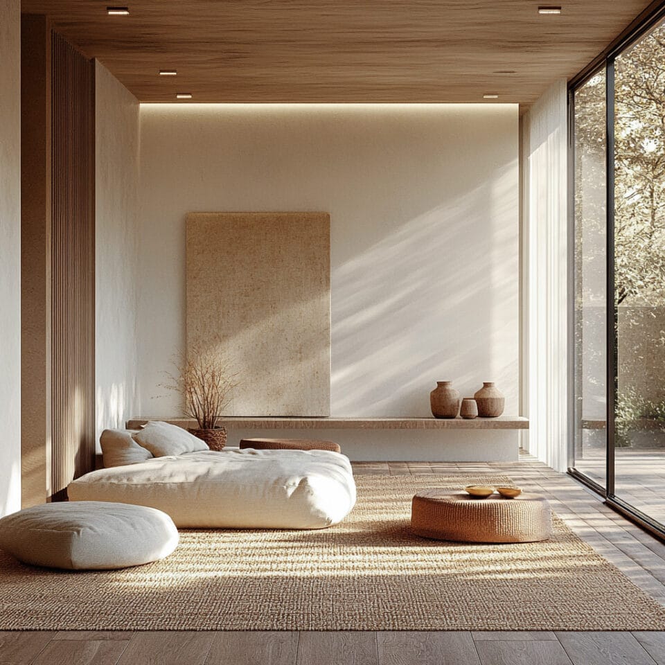 Scandinavian home interior with floor-to-ceiling windows, natural light flooding the room, and minimalist design promoting healthy living