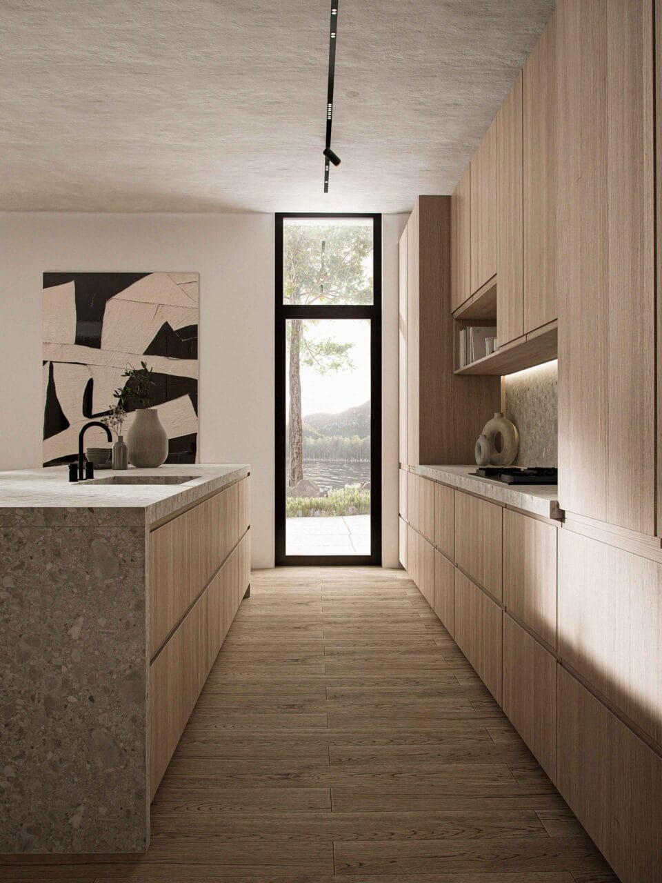 Solaris kitchen featuring stylish natural wood cabinetry with built-in appliances, a terrazzo-covered island with a sink, and a floor-to-ceiling window opening to the outdoor terrace