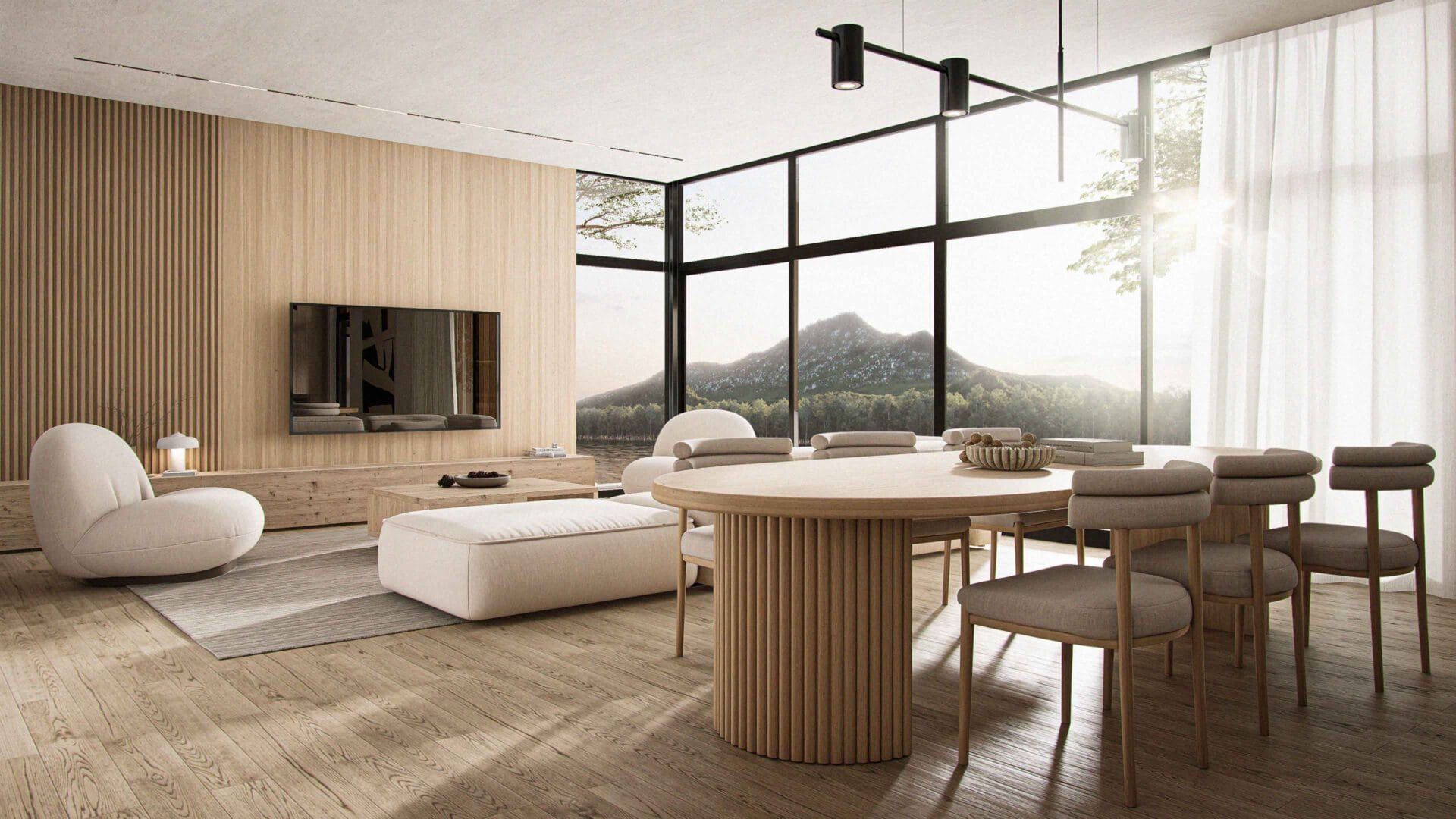 Solaris living room with large windows, minimalist design, and dining table between kitchen and living room area