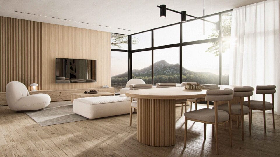 Solaris living room with large windows, minimalist design, and dining table between kitchen and living room area