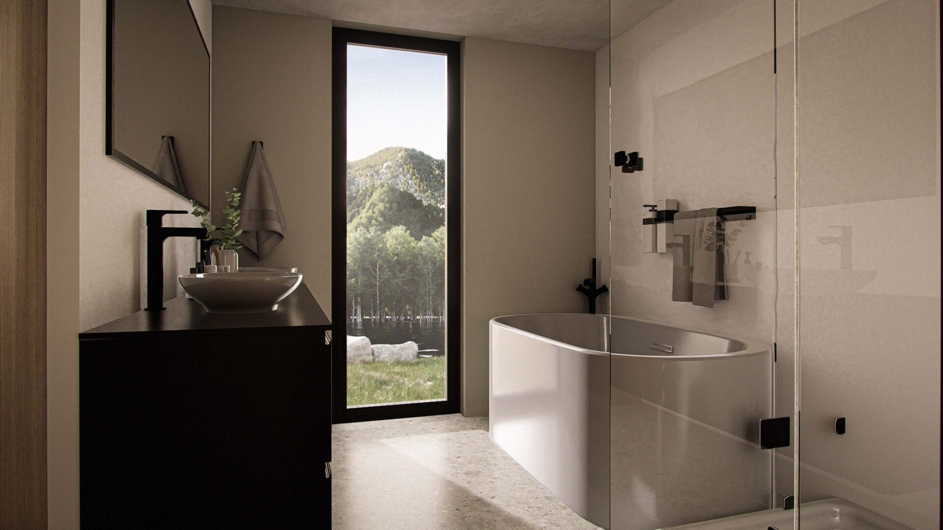 Solaris master bathroom with luxurious bath, double sinks, glass shower corner, and floor-to-ceiling window offering nature views