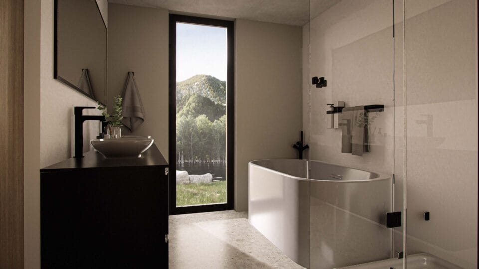 Solaris master bathroom with luxurious bath, double sinks, glass shower corner, and floor-to-ceiling window offering nature views