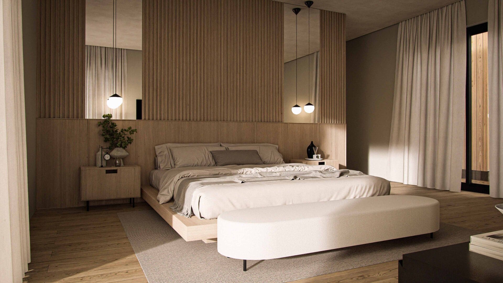 Solaris master bedroom interior with king size bed, natural wood finishes, calm colors, and a large window with direct terrace access for seamless indoor-outdoor living