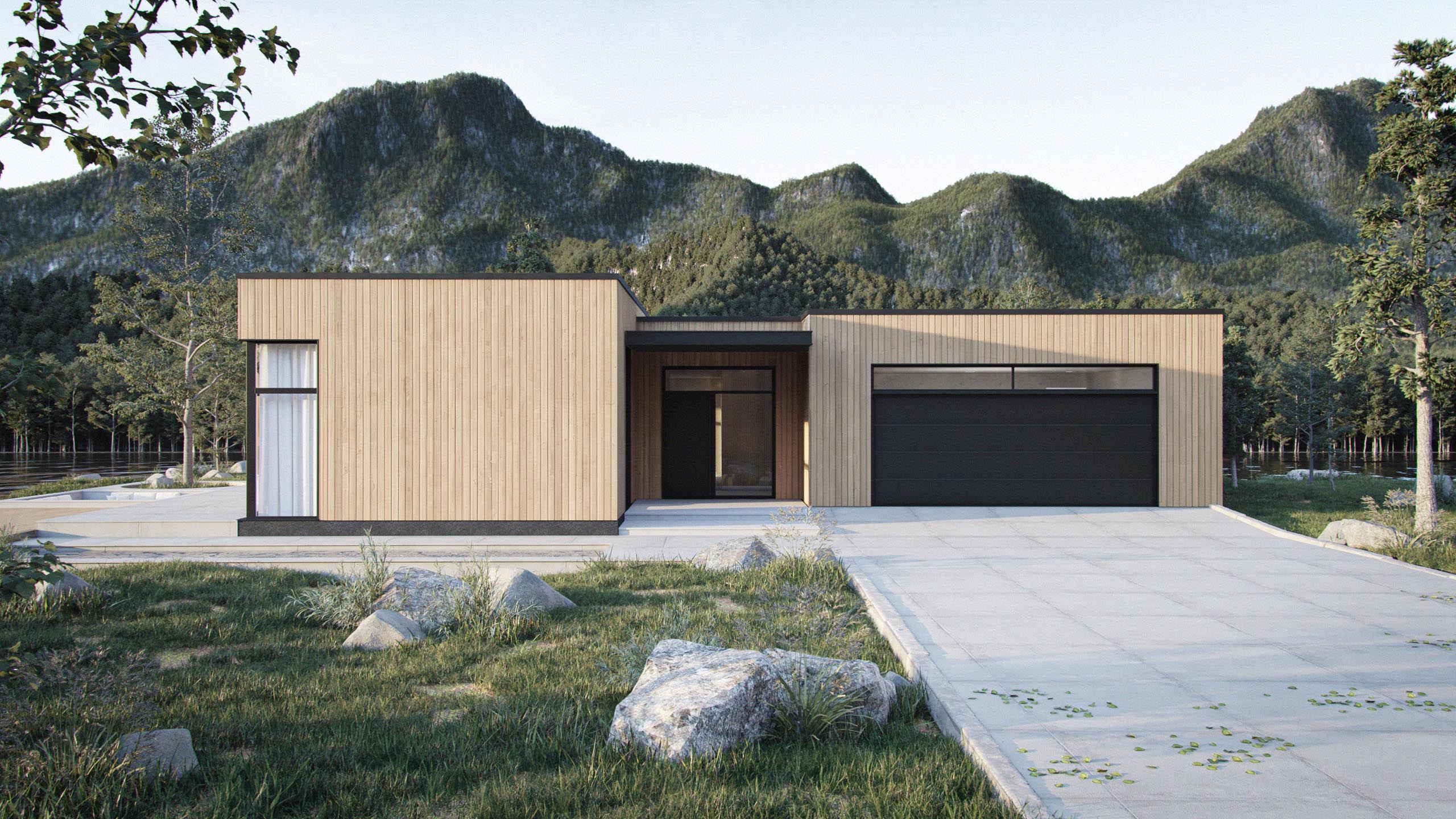 Front view of Solaris - a modern Scandinavian house with flat roof and wooden exterior, set against a mountain backdrop