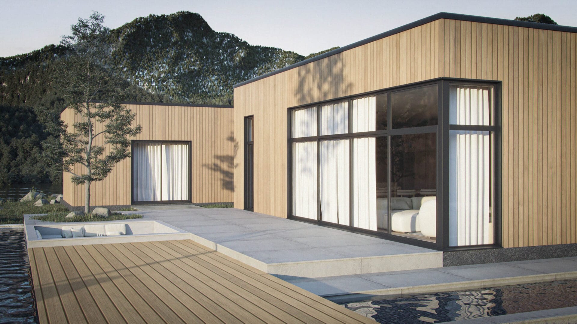 Solaris private terrace with sunken firepit, water feature, and access from master bedroom, living room, and kitchen with mountain view